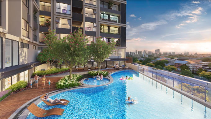 Mỗi tòa căn hộ tại Hinode City đều có bể bơi riêng.