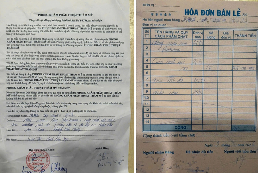 Giấy cam kết phẫu thuật và hóa đơn chi trả 205 triệu đồng của bệnh nhân đều không có tên cơ sở phòng khám, có dấu mộc đỏ của Viện Thẩm mỹ Quốc tế Changwon.