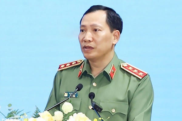 Thượng tướng Lê Văn Tuyến, Ủy viên Ban Thường vụ Đảng ủy Công an Trung ương, Thứ trưởng Bộ Công an phát biểu tại hội nghị.