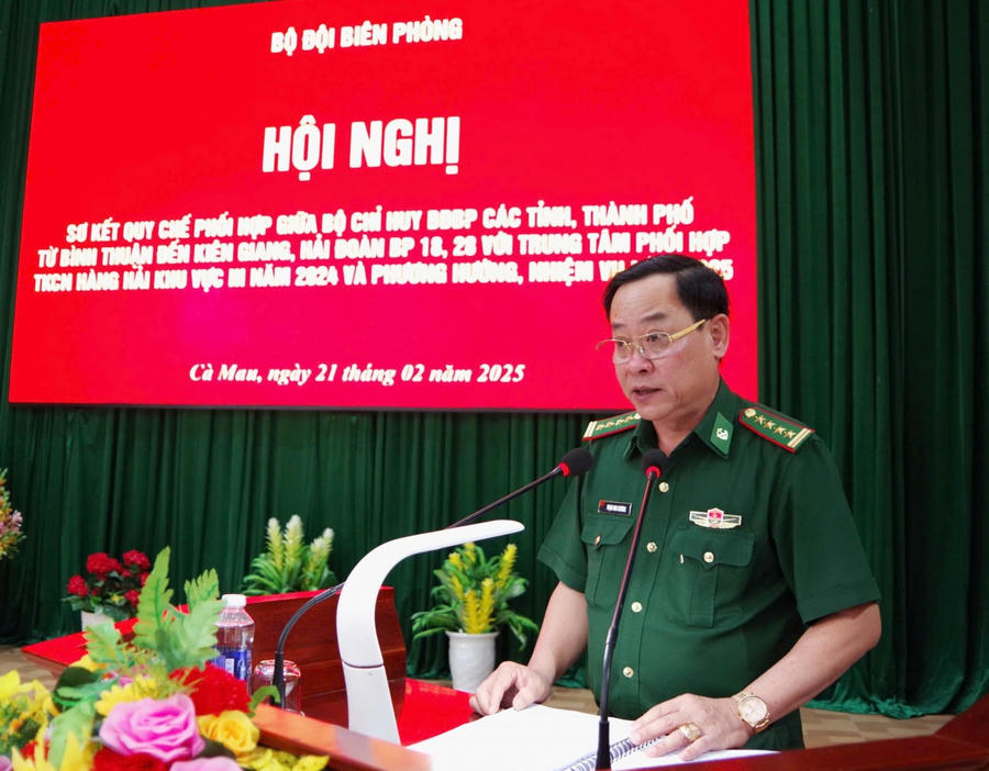 Đại tá Phạm Anh Chương - Chỉ huy trưởng BĐBP tỉnh Cà Mau, phát biểu kết luận Hội nghị.