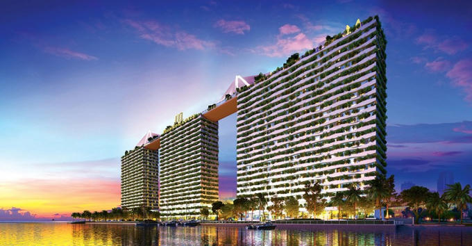 : Phối cảnh về đêm tổng thể dự án Diamond Lotus Riverside khi hoàn thiện.