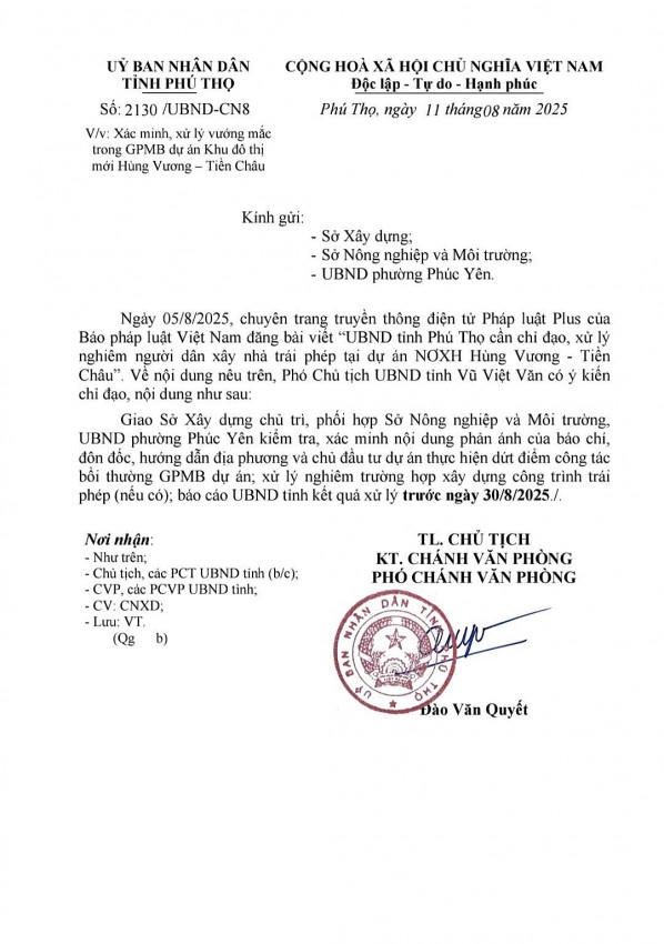 Công văn chỉ đạo của UBND tỉnh Phú Thọ sau phản ánh của Báo Pháp luật Việt Nam.