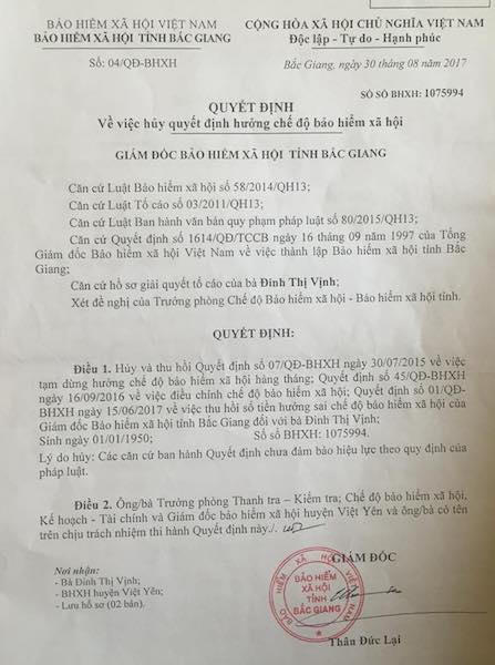 Trong hai Quyết định số 03 và 04 không đề cập đến trách nhiệm và hình thức xử lý kỷ luật các tập thể, cá nhân trong việc ký, ban hành các văn bản sai phạm và không đề cập đến việc BHXH tỉnh Bắc Giang có hay không, khi nào phục hồi các chế độ với 2 cụ già trên.