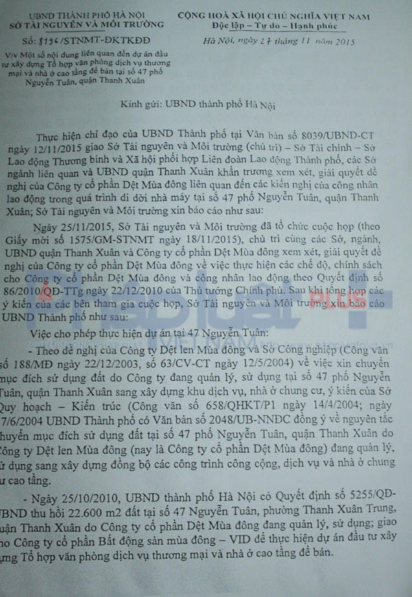 Văn bản 8196 các Sở ban ngành họp và thông báo lên UBND Thành phố Hà Nội xem xét, giải quyết đề nghị của Cty Dệt.