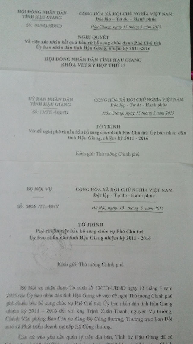 Trong ngày 13/5/2015, một loạt văn bản nối nhau để trình Thủ tướng phê chuẩn ông Trịnh Xuân Thanh làm Phó Chủ tịch UBND tỉnh Hậu Giang
