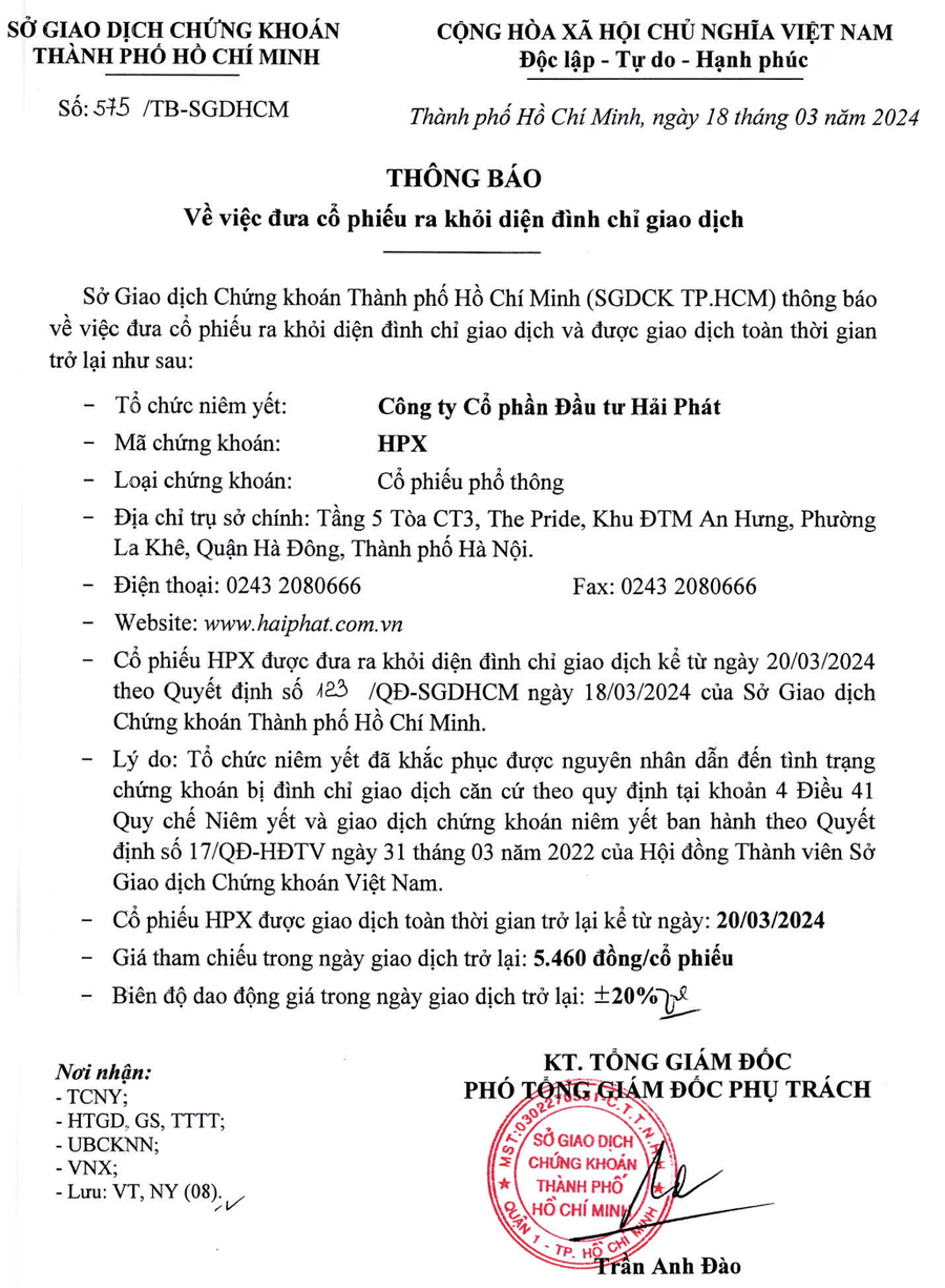 Cổ phiếu HPX được giao dịch trở lại từ hôm nay 20/3