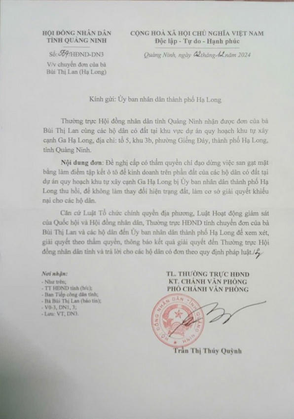 Văn bản phản hồi của Thường trực Hội đồng Nhân dân tỉnh Quảng Ninh đối với nội dung kiến nghị của bà Bùi Thị Lan.