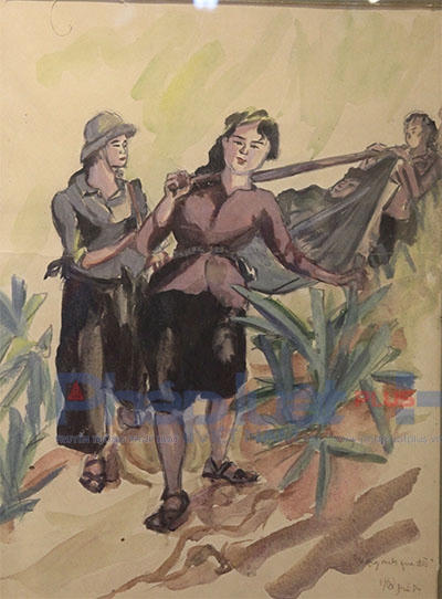 Tác phẩm: Cáng thương binh; chất liệu màu nước, phác họa năm 1969.