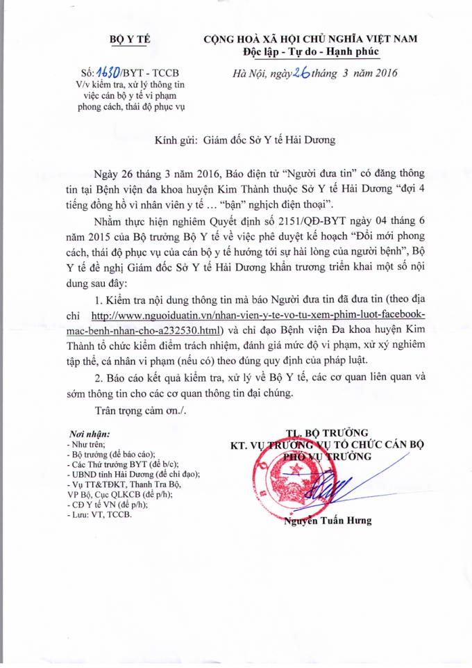 Công văn khẩn của Bộ Y tế gửi Sở Y tế Hải Dương yêu cầu làm rõ vụ nhân viên y tế bắt bệnh nhân đợi 4 tiếng vì "bận" nghịch điện thoại.