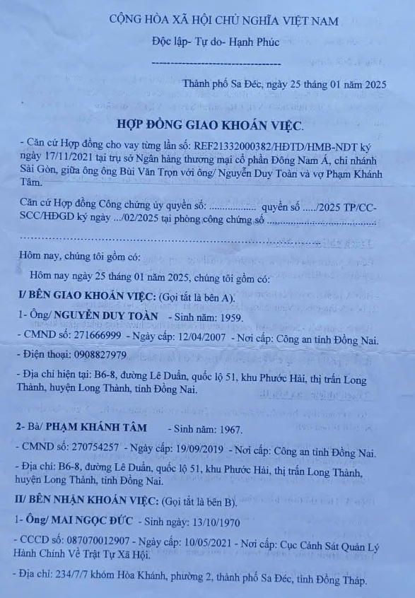 Hợp đồng giao khoán việc giữa ông Toàn và ông Đức.