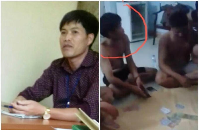 Ông Trần Văn Hợp (ảnh trái) và người nghi vấn được cho là ông Hợp đang đánh bài ăn tiền ở một nhà nghỉ tại Sầm Sơn (khoanh đỏ).