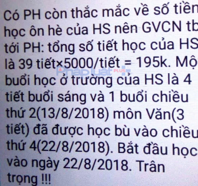 Chi tiết khoản thu học ôn hè của trường THCS Ba Đình gửi phụ huynh. (Ảnh: A.Thắng)