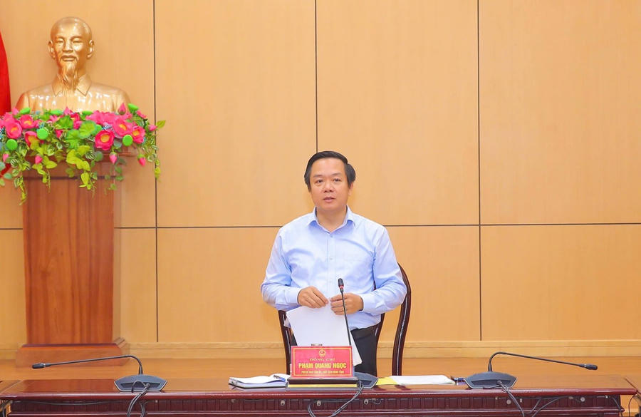 Ông Phạm Quang Ngọc, Phó Bí thư Tỉnh ủy, Chủ tịch UBND tỉnh phát biểu tại hội nghị. (Ảnh: UBND tỉnh Ninh Bình)