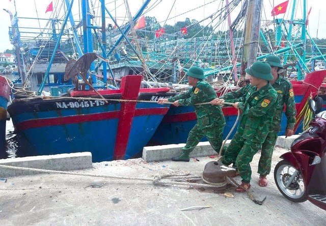 Lực lượng Bộ đội biên phòng tỉnh Nghệ An hỗ trợ ngư dân chằng néo tàu thuyền tại nơi tránh trú bão an toàn (Ảnh: TTXVN).