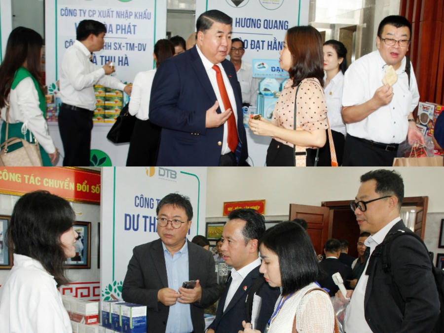 Các tập đoàn phân phối sản phẩm tham quan bàn trưng bày, quảng bá sản phẩm thủy sản xuất khẩu, sản phẩm OCOP, đặc sản của tỉnh Cà Mau.