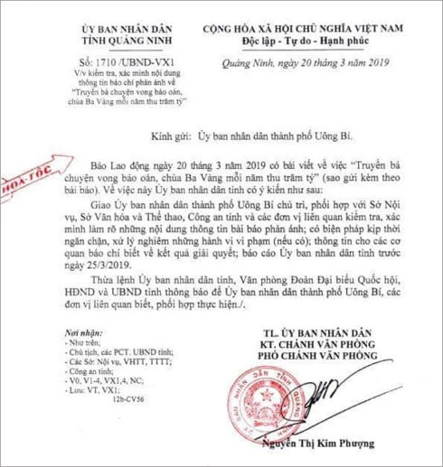 Công văn của UBND tỉnh Quảng Ninh.