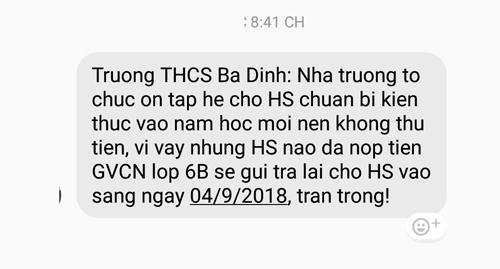 Trường THCS Ba Đình thực hiện trả lại tiền lạm thu sớm nhất, ngay sau khi Pháp luật Plus đăng tải. (Ảnh: A.Thắng)