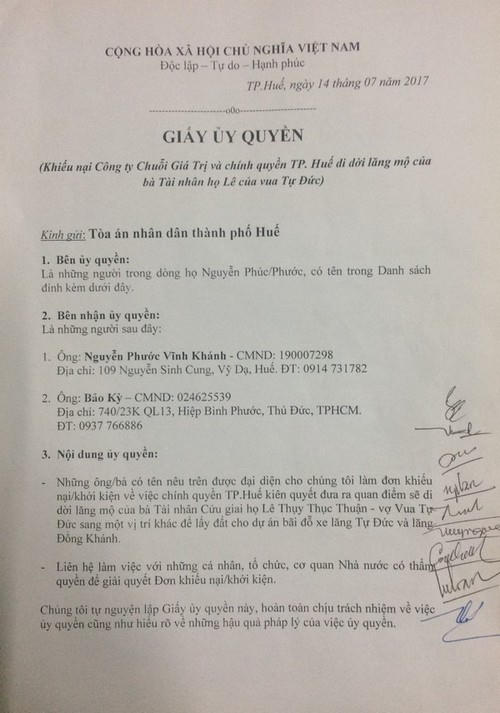 Giấy Ủy quyền cho hai ông Nguyễn Phước Vĩnh Khánh và ông Bảo Kỳ.