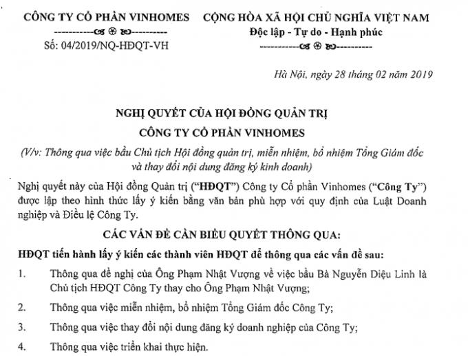 Thông tin được công bố trên trang thông tin điện tử của Công ty Vinhomes. (Ảnh: Chụp màn hình)