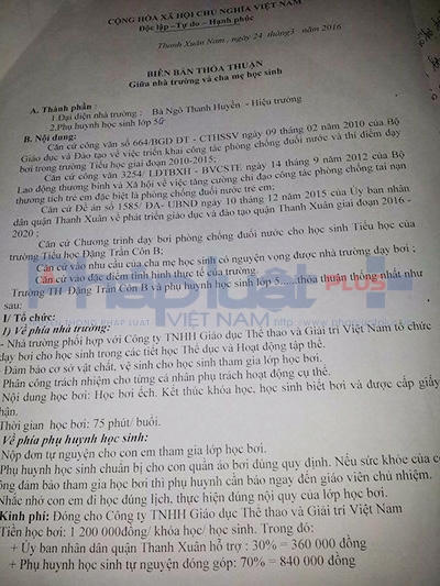 Biên bản thỏa thuận giữa nhà trường với cha mẹ học sinh.