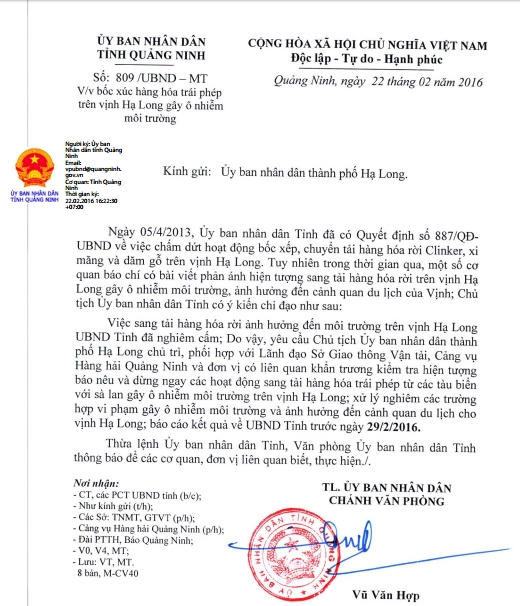 Nội dung chỉ đạo của UBND tỉnh Quảng Ninh yêu cầu các cơ quan chức năng vào cuộc dừng ngay các hoạt động sang tải hàng hóa trái phép gây ô nhiễm trên Vịnh Hạ Long.