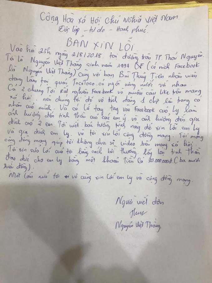 Bản xin lỗi của nam thanh niên được đăng tải lên mạng xã hội.