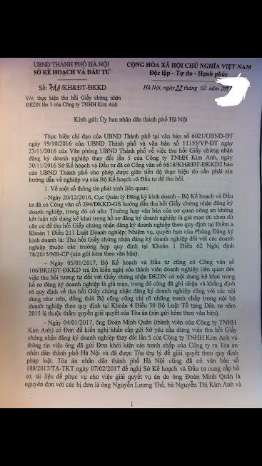Văn bản báo cáo việc sẽ thực hiện thu hồi Giấy chứng nhận đăng ký doanh nghiệp (ĐKDN) lần 5 của Công ty TNHH Kim Anh.