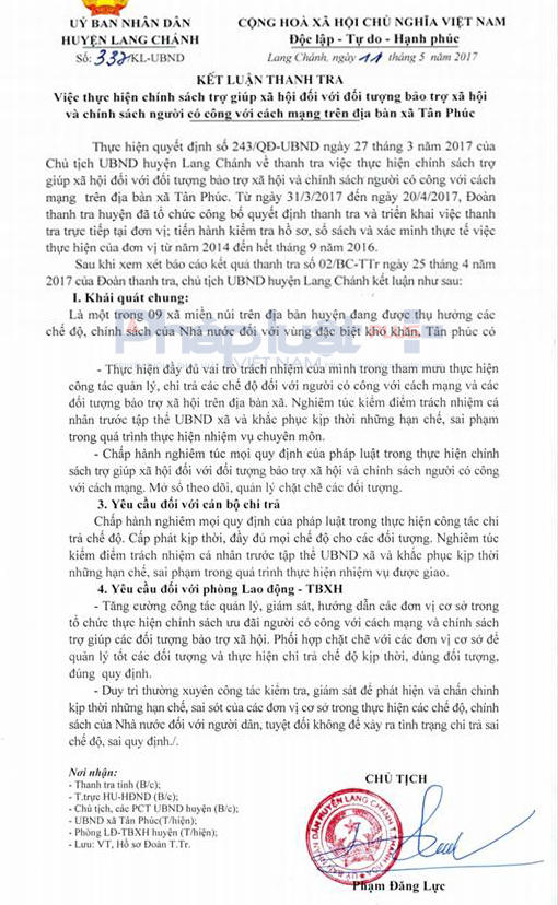 Kết luận số 337/KL-UBND của UBND huyện Lang Chánh truy thu 67,66 triệu đồng sai phạm. (Ảnh: Anh Thắng)