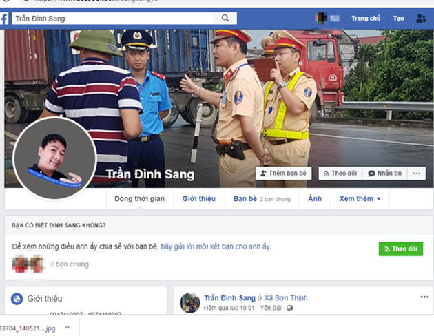 Trang facebook của Trần Đình Sang thường xuyên đăng tải một số clip xuyên tạc, vu khống bôi nhọ lực lượng CSGT.
