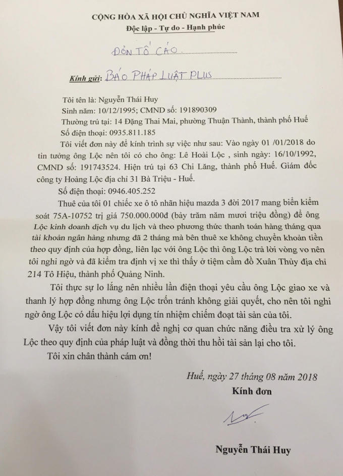 Đơn phản ánh của anh Huy.