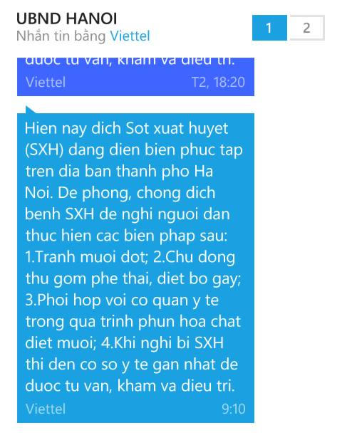 Nội dung tin nhắn cảnh báo dịch sốt xuất huyết được gửi tới người dân.