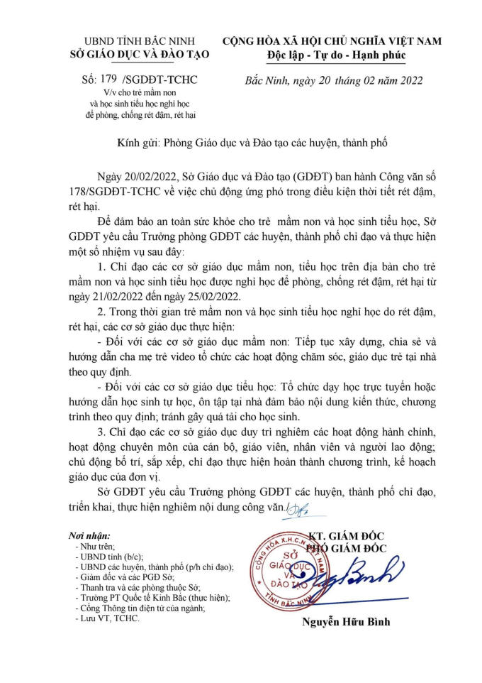 Công văn số 179/SGDĐT-TCHC của Sở Giáo dục và Đào tạo tỉnh Bắc Ninh.