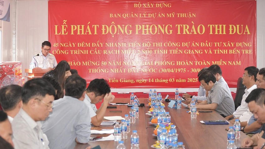 Phát động phong trào thi đua 45 ngày đêm đẩy nhanh tiến độ thi công dự án cầu Rạch Miễu 2.
