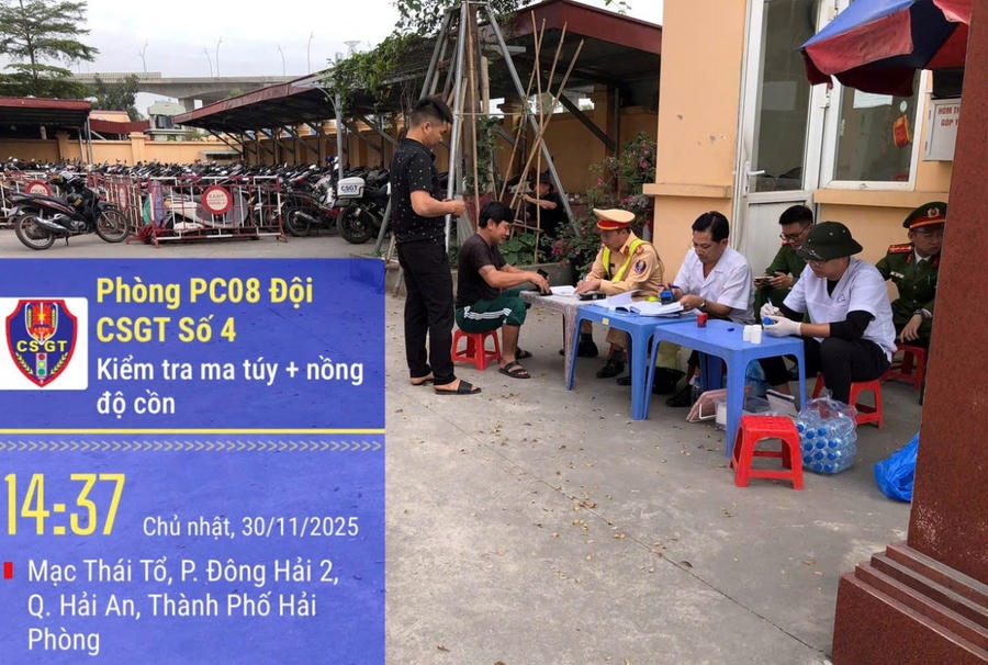 Lực lượng liên ngành và Phòng Cảnh sát giao thông kiểm tra nồng độ cồn, ma túy đối với lái xe.