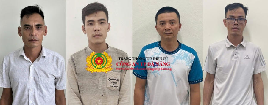 4 đối tượng Đặng Hà Vũ, Đặng Thiên Phước, Nguyễn Anh Quốc Văn và Nguyễn Văn Sĩ (từ trái qua). (Ảnh: Công an TP Đà Nẵng)