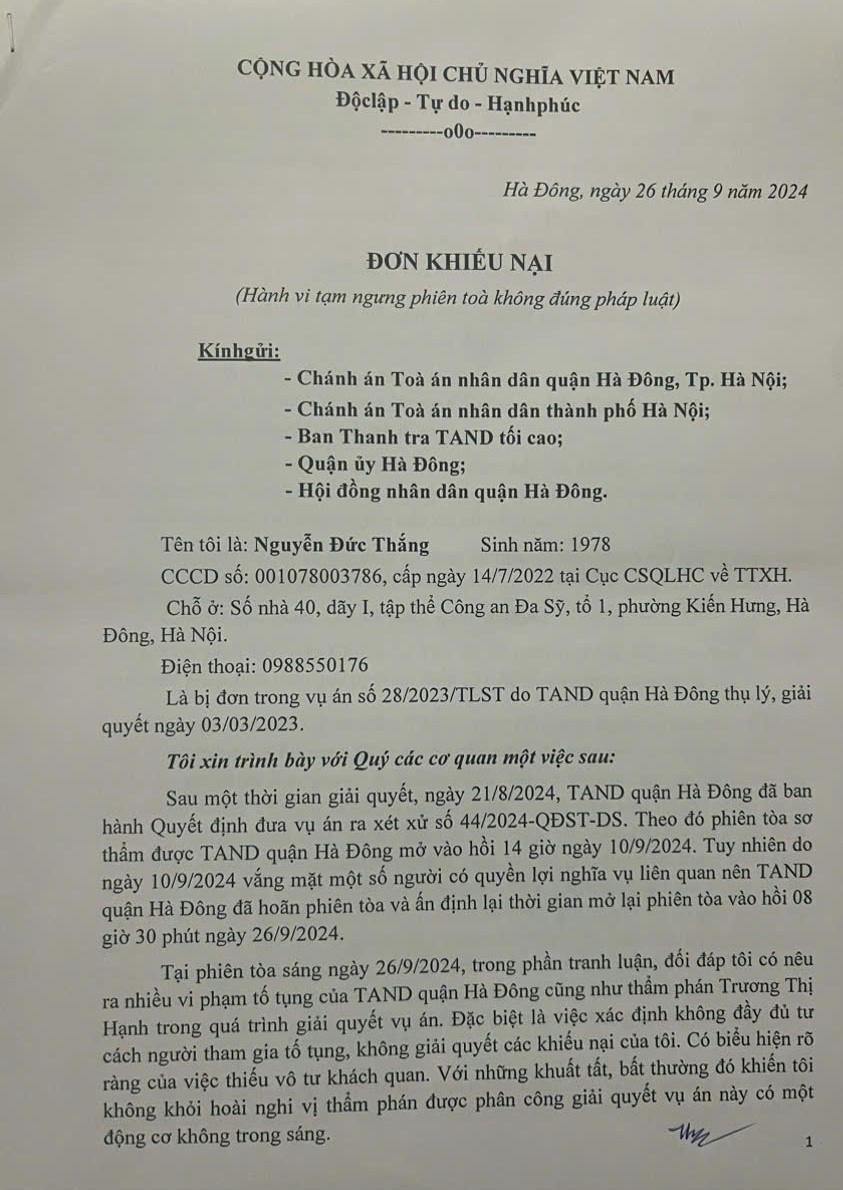 Nội dung đơn khiếu nại về hành vi tạm ngưng phiên toà của ông Thắng gửi các cơ quan chức năng.