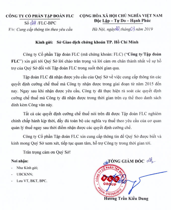 Phía FLC cho hay, đơn vị này đã nghiêm chỉnh chấp hành kịp thời, đầy đủ toàn bộ nghĩa vụ thuế theo yêu cầu của cơ quan quản lý ngay sau thời điểm nhận được các quyết định cưỡng chế