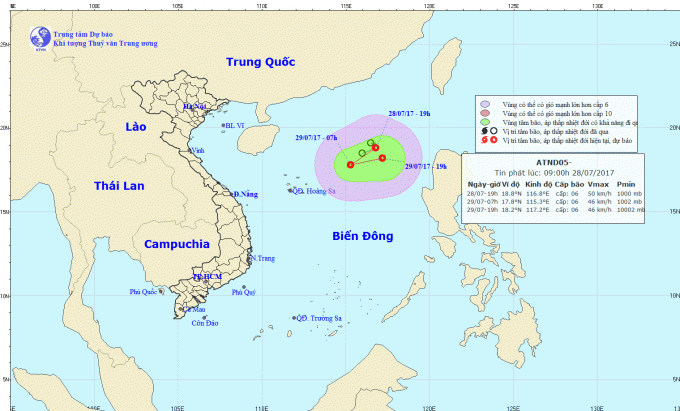 Dự báo hướng đi của áp thấp nhiệt đới trên biển. Ảnh: nchmf.gov.vn