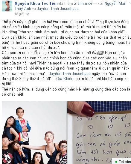 Nữ ca sĩ còn chia sẻ bức thư của Top 4 Idol Kids - Jayden gửi đến mình và cám ơn các tài năng nhí đã làm cuộc đời cô thêm ý nghĩa.