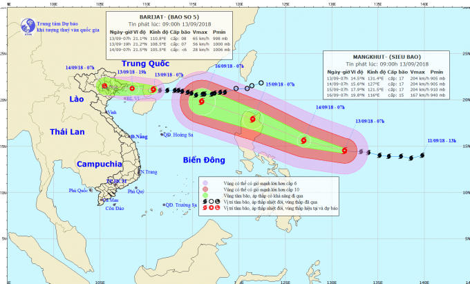 Hướng di chuyển cơn bão số 5 và Siêu bão Mangkhut.
