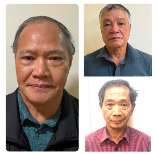 Bị can Hoàng Văn Thắng, nguyên Thứ trưởng Bộ NN&PTNT (trái) cùng 02 bị can Trần Tố Nghị và Trần Văn Lăng (áo đỏ). Ảnh: BCA.