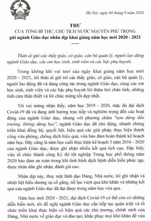 Tổng Bí thư, Chủ tịch nước Nguyễn Phú Trọng gửi thư nhân dịp khai giảng