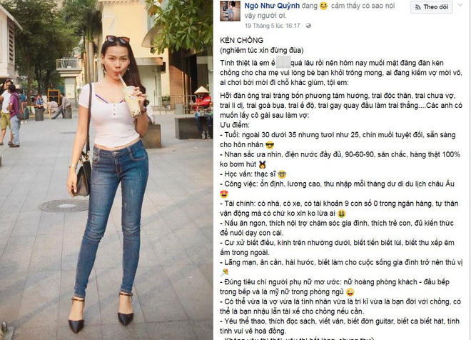 Dòng đăng tin tuyển chồng gây bão mạng xã hội của Như Quỳnh trước đó.
