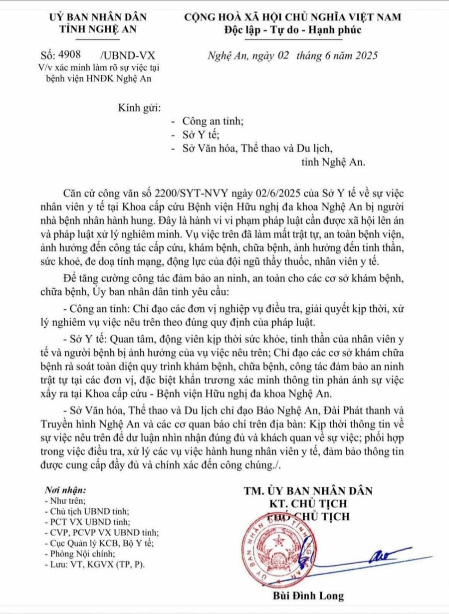 UBND tỉnh Nghệ An yêu cầu điều tra, xử lý nghiêm vụ việc theo quy định của pháp luật.