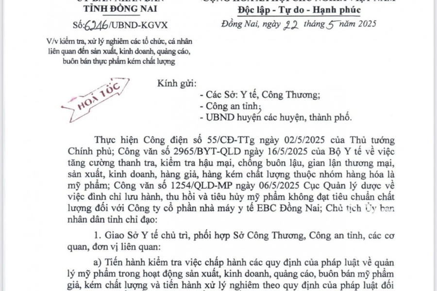 Văn bản chỉ đạo hoả tốc của Chủ tịch UBND tỉnh Đồng Nai.