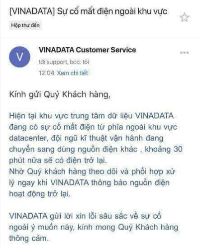 Thông báo của VNG gửi tới khách hàng.