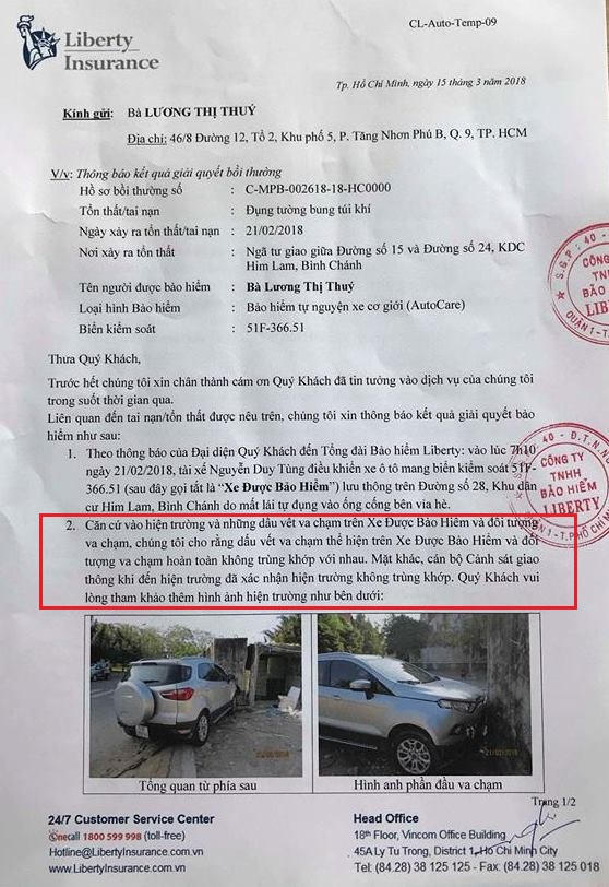 Văn bản của Bảo hiểm Liberty gửi chị Thúy thông báo không giải quyết bồi thường bảo hiểm vì cho rằng dấu vết hiện trường vụ tai nạn không trùng khớp
