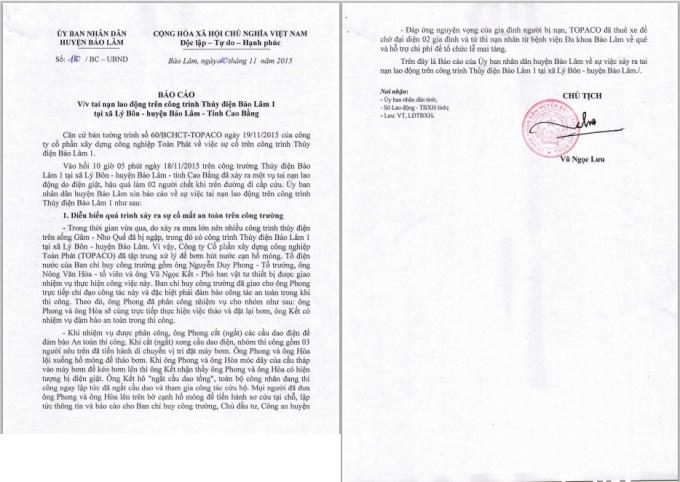 Báo cáo của UBND huyện Bảo Lâm, Cao Bằng về vụ việc hai công nhân tử vong trên công trường thủy điện.