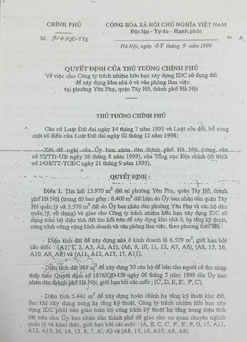 Quyết định của Thủ tướng CP về việc giao đất của IDC xây dựng dự án khu nhà ở và văn phòng làm việc tại phường Yên Phụ, quận Tây Hồ.