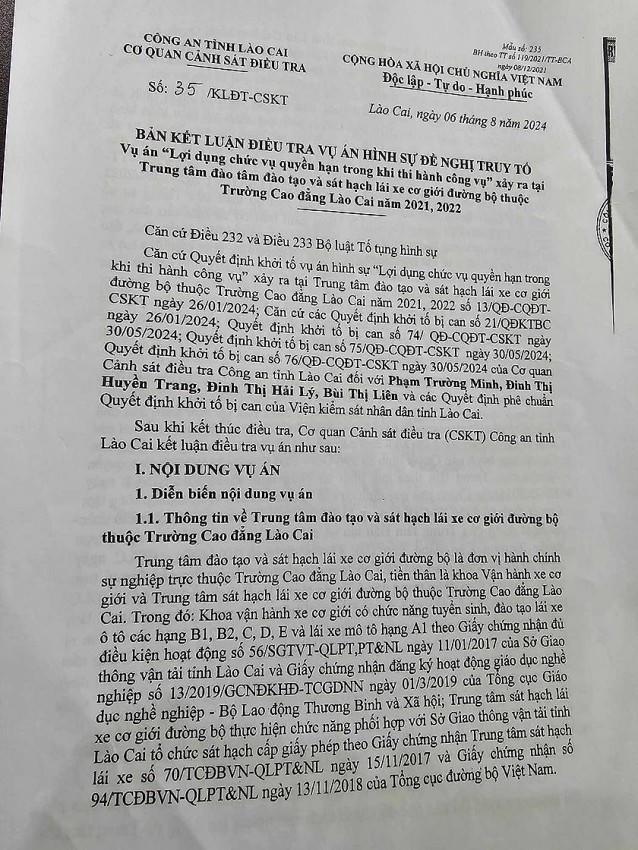 Bản kết luận điều tra của Cơ quan CSĐT CA tỉnh Lào Cai.